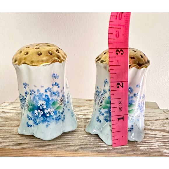 Scalloped Antique Hand Painted Salt and Pepper Shakers with Gold Tops - Picture 7 of 8